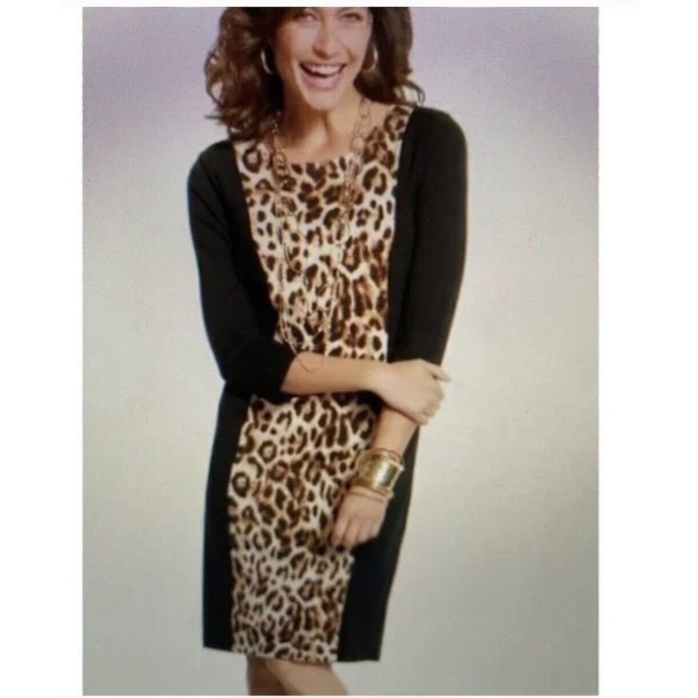 CHICO'S 1 So Slimming BLACK LEOPARD PRINT dress Stretch knit  size medium Womens
